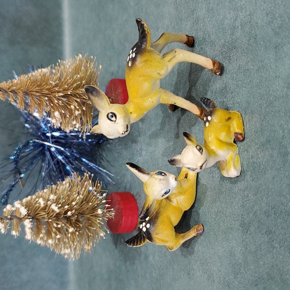 Vintage Christmas Lot - 3 deer (HK), 2 trees, tinsel ball ornament (W. Germany)